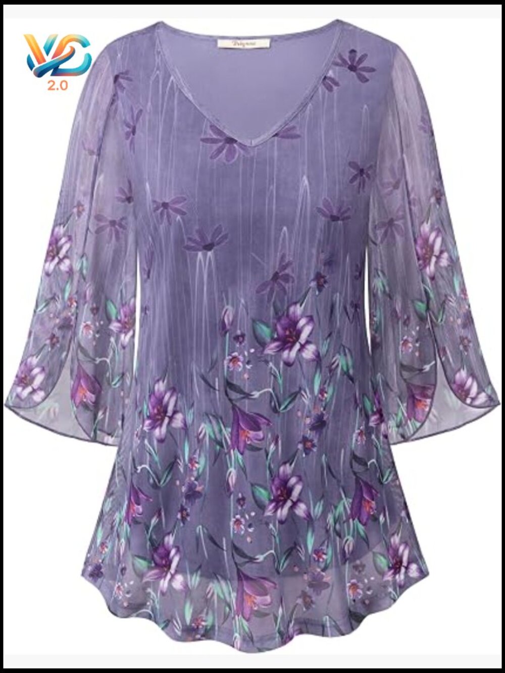 Ruffle 3/4 Sleeve V Neck Double Layers Mesh Blouse Flowy Tunic